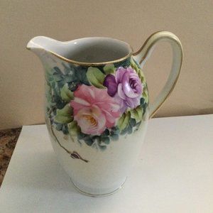 Vintage /antique Hand painted Nippon pitcher jar pink purple roses floral damage